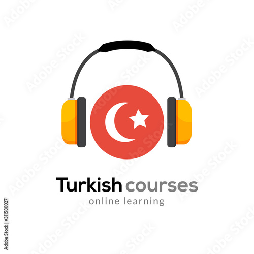 Turkish language learning logo icon with headphones. Creative turkish class fluent concept speak test and grammar photo
