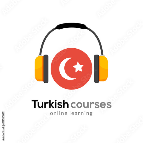 Turkish language learning logo icon with headphones. Creative turkish class fluent concept speak test and grammar
