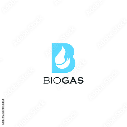 simple vector letter B with negative water space and blue leaves for bio gas logo and icon design templates