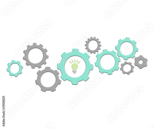  gear  with green light bulb symbolizing idea or solution