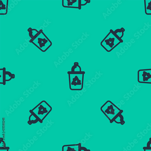 Blue line Recycle bin with recycle symbol icon isolated seamless pattern on green background. Trash can icon. Garbage bin sign. Recycle basket sign.  Vector Illustration