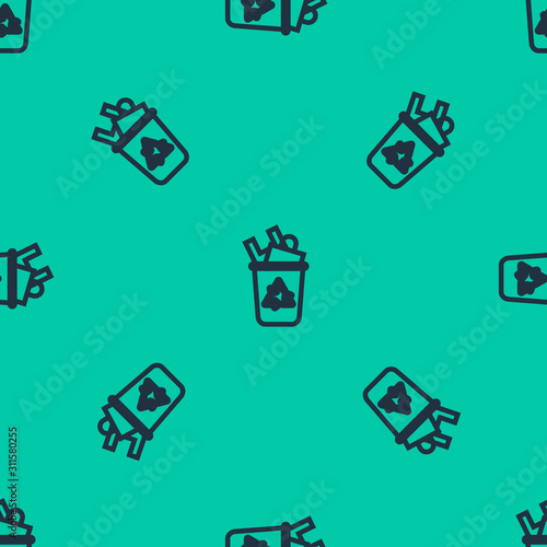 Blue line Recycle bin with recycle symbol icon isolated seamless pattern on green background. Trash can icon. Garbage bin sign. Recycle basket sign.  Vector Illustration