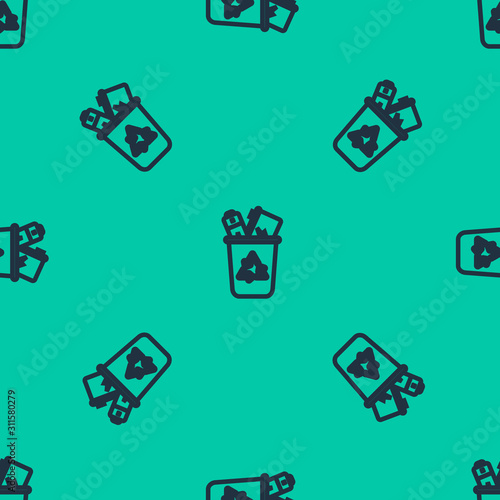 Blue line Recycle bin with recycle symbol icon isolated seamless pattern on green background. Trash can icon. Garbage bin sign. Recycle basket sign.  Vector Illustration