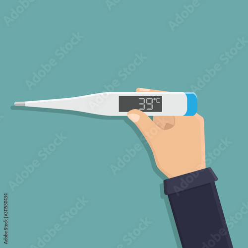 Digital thermometer, hand holding digital thermometer, flat design vector illustration
