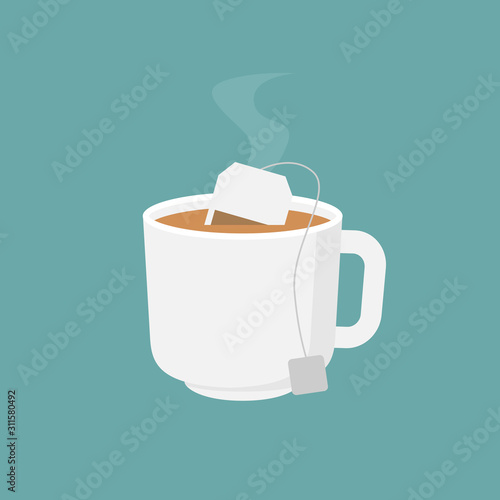 Tea bag, hot teabag and cup, flat design vector illustration