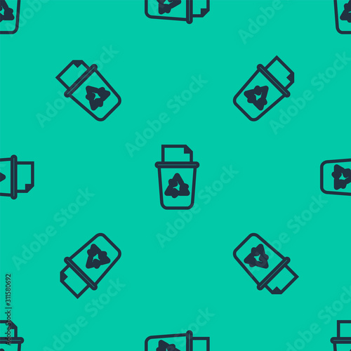 Blue line Recycle bin with recycle symbol icon isolated seamless pattern on green background. Trash can icon. Garbage bin sign. Recycle basket sign. Vector Illustration