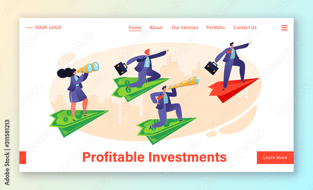 Business investment banner with flat people characters. Concept for website on business and finance theme. Concept of making money, financial success, right investment, finding investors.