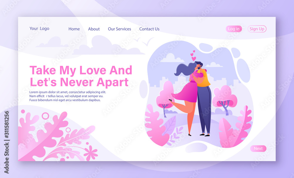 Concept of landing page with romantic vector illustration on love story theme. Happy flat people character embrace and kiss. Happy lover man and woman flirt. Web site template on Valentine Day theme. Concept of landing page with romantic vector illustration on love story theme. Happy flat people character embrace and kiss. Happy lover man and woman flirt. Web site template on Valentine Day theme.