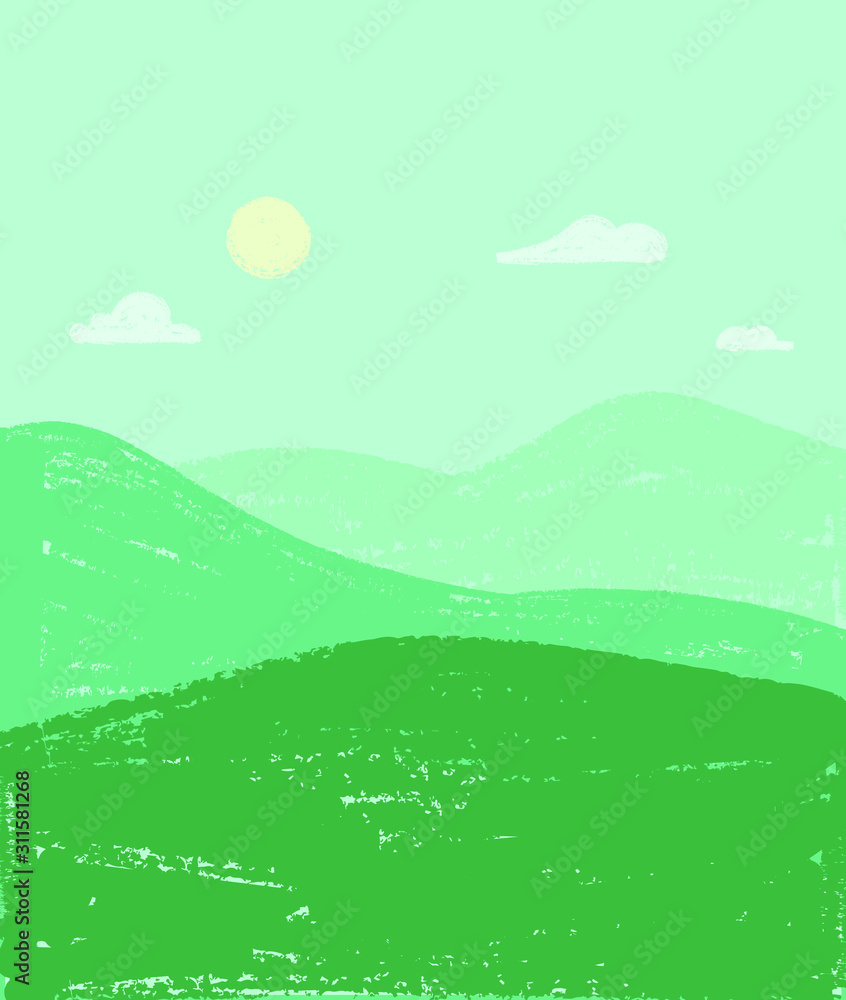 landscape distant mountains and meadows with sun and clouds in the sky, hand drawn crayon illustration vector landscape distant mountains and meadows with sun and clouds in the sky, hand drawn crayon illustration vector