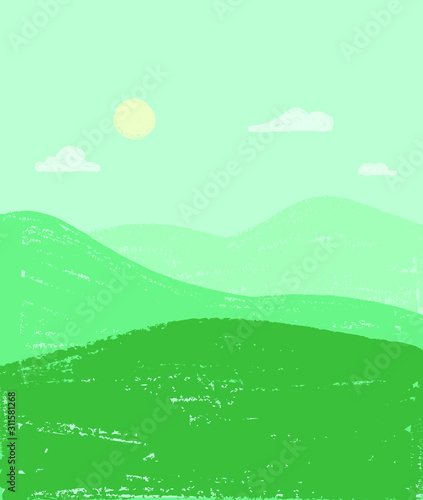 landscape distant mountains and meadows with sun and clouds in the sky, hand drawn crayon illustration vector