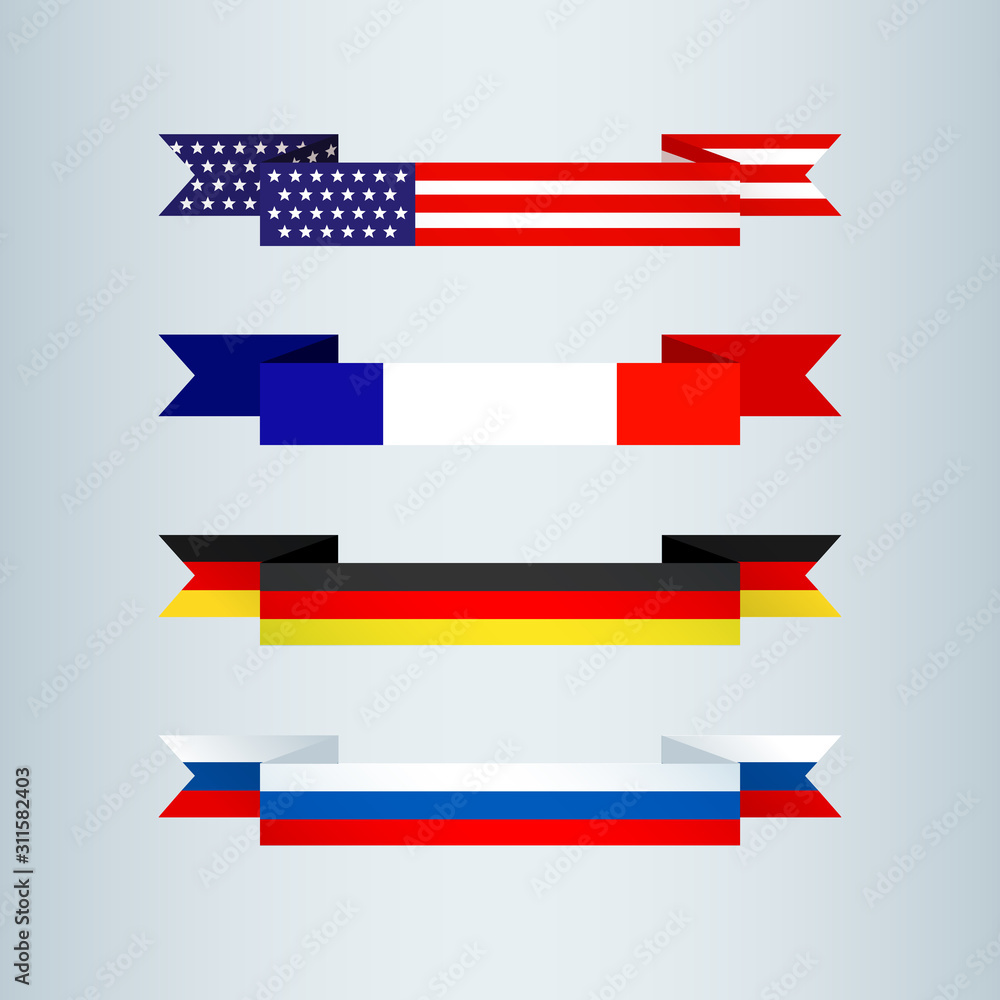 Fototapeta premium Flag ribbon of America USA France Germany Russia Set collection of bright flat banner ribbons icon ribbons Flags national colors of the countries of America USA France Germany Russia Vector graphic