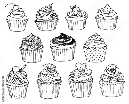 Hand-drawn set with cupcakes on white background. Black-white vector illustration.