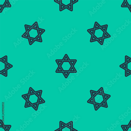 Blue line Star of David icon isolated seamless pattern on green background. Jewish religion symbol. Symbol of Israel. Vector Illustration