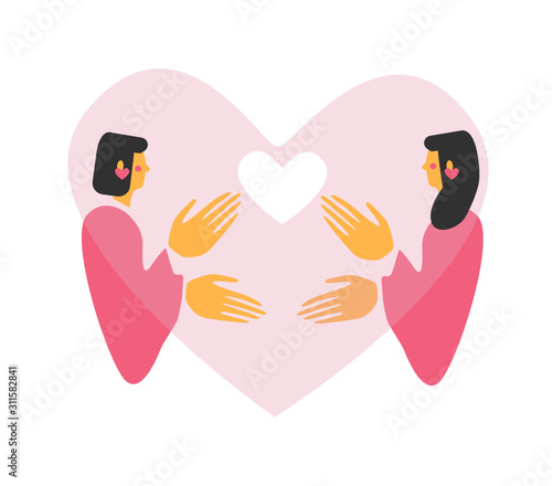 Cute pink illustration of lgbt queer couple who exchange hearts on St Valentine Day. Two lesbian women in love