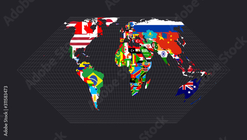 World map with flags of each country. Eckert II projection. Map of the world with meridians on dark background. Vector illustration.