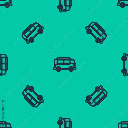 Blue line Retro minivan icon isolated seamless pattern on green background. Old retro classic traveling van. Vector Illustration