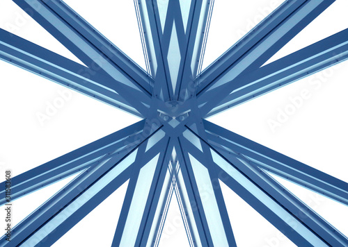 Metal framework. Computer graphics of star junction. Element of modern architecture. Structure of glass facade of hi-tech building. Isolated minimal photo with triangular pattern of copy space