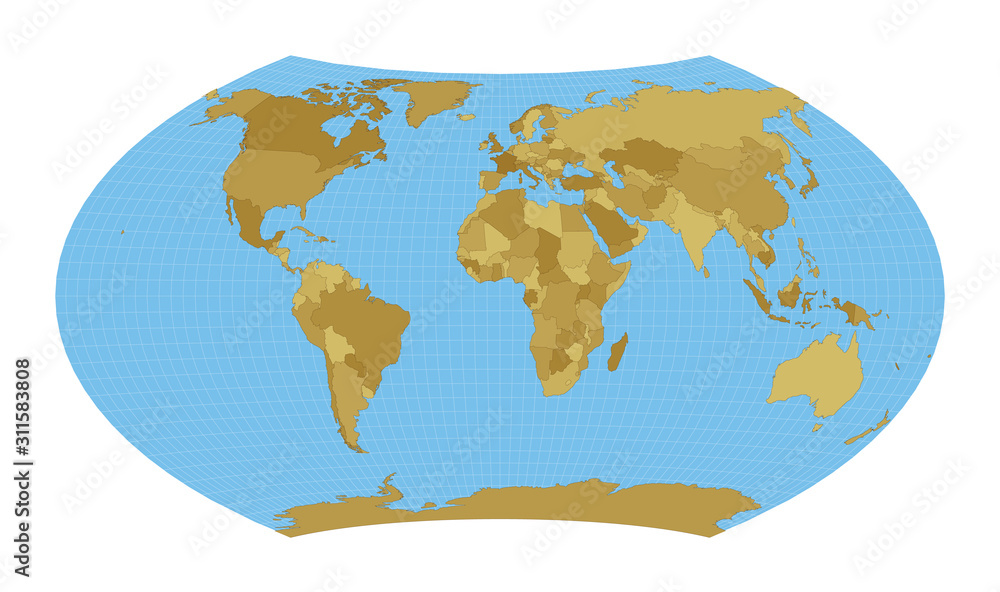 World Map. Wagner projection. Map of the world with meridians on blue background. Vector illustration.