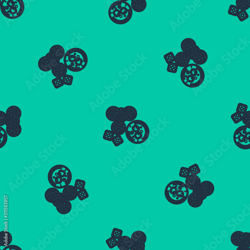Blue line Casino chips, game dice and glass of whiskey with ice cubes icon isolated seamless pattern on green background. Casino poker. Vector Illustration