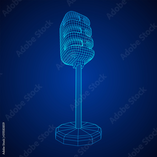 Sound recording equipment vintage microphone. Wireframe low poly mesh vector illustration