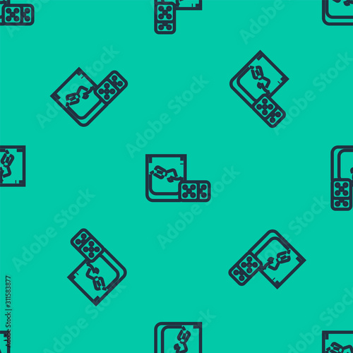 Blue line Game dice and glass of whiskey with ice cubes icon isolated seamless pattern on green background. Casino gambling. Vector Illustration