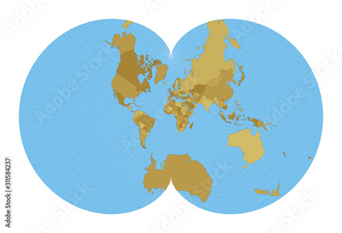 World Map. Eisenlohr conformal projection. Map of the world with meridians on blue background. Vector illustration.