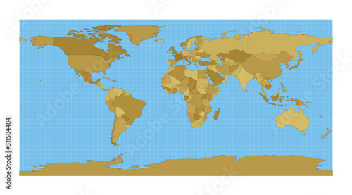World Map. Equirectangular (plate carree) projection. Map of the world with meridians on blue background. Vector illustration.