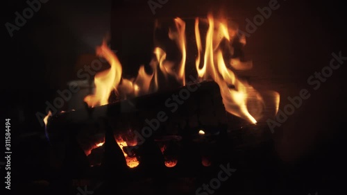 A few birch logs burning in the fireplace