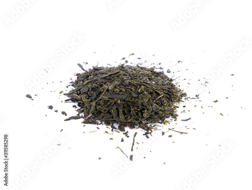 Dried green tea leaves isolated on white background