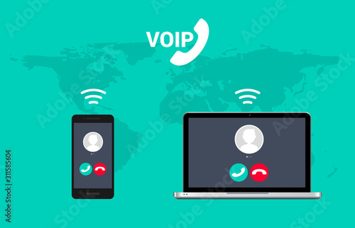 Voip call system voice phone technology. Voice over ip internet video telephony data cloud laptop and mobile cellphone