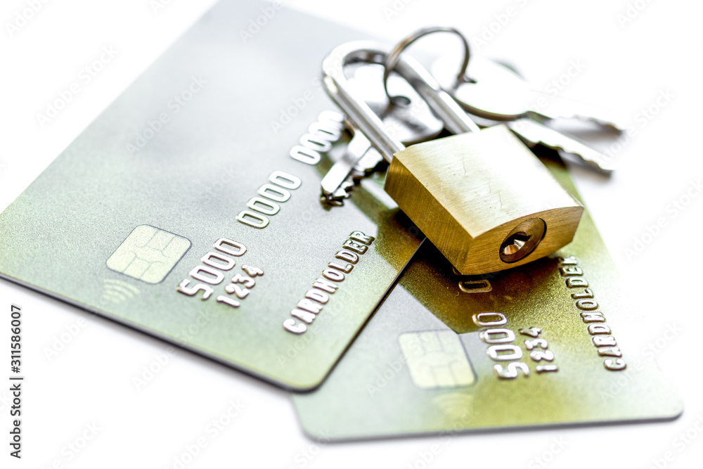 Credit cards with lock close up - online shopping Credit cards with lock close up - online shopping