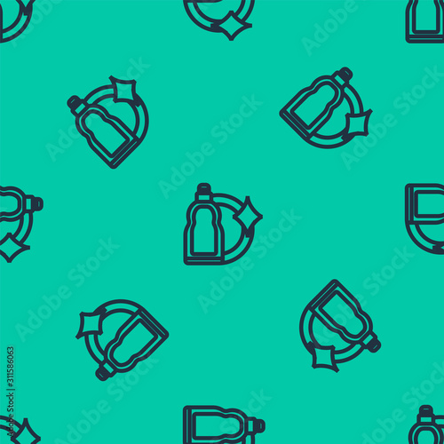 Blue line Plastic bottle for liquid laundry detergent, bleach, dishwashing liquid or another cleaning agent icon isolated seamless pattern on green background. Vector Illustration