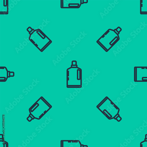 Blue line Plastic bottle for liquid laundry detergent, bleach, dishwashing liquid or another cleaning agent icon isolated seamless pattern on green background. Vector Illustration