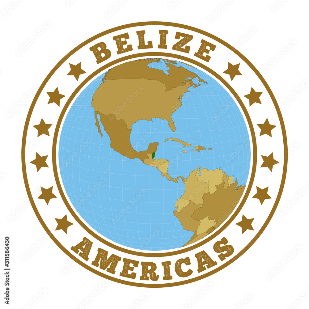 Belize logo. Round badge of country with map of Belize in world context. Country sticker stamp with globe map and round text. Vector illustration. Belize logo. Round badge of country with map of Belize in world context. Country sticker stamp with globe map and round text. Vector illustration.
