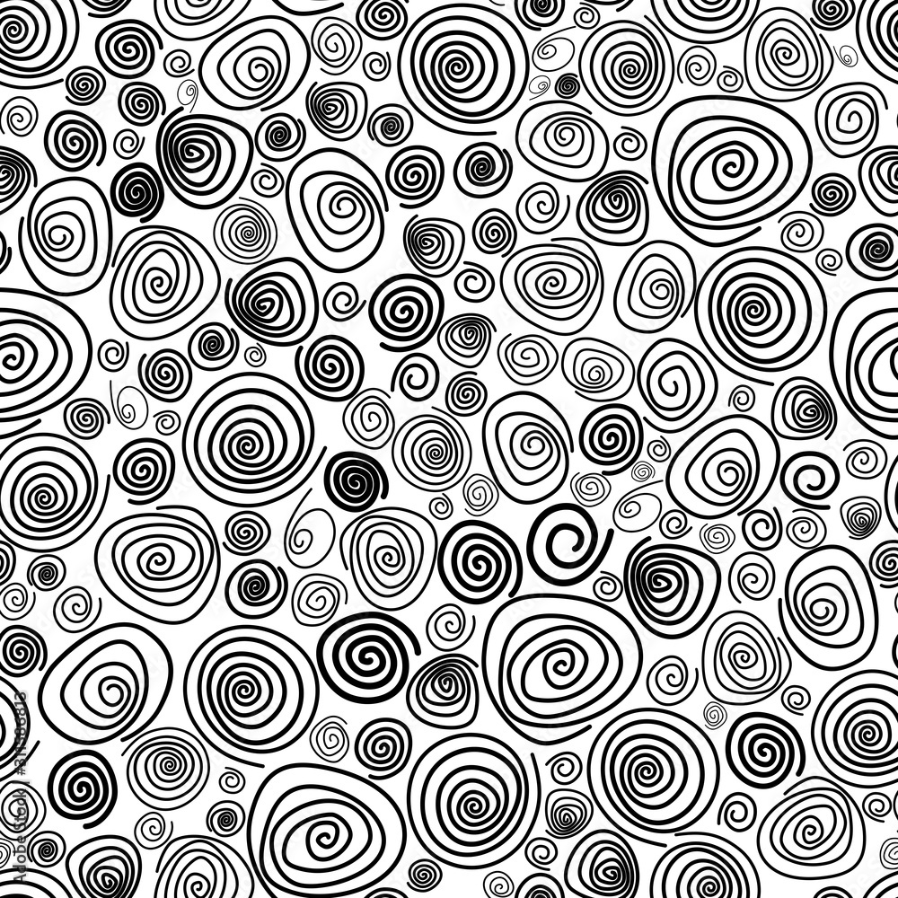 Seamless geometric background. Spiral. Black and white pattern. Hand-drawn spirals of different sizes.