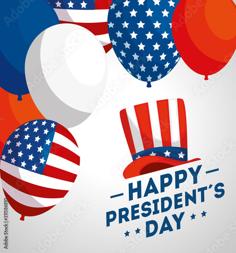 happy presidents day with balloons helium and flag usa vector illustration design
