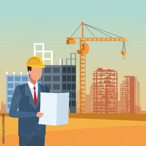 engineer man standing over under construction scenery, colorful design