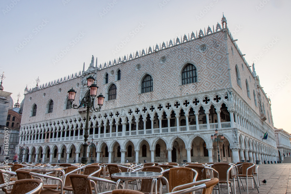 Chairs and Tables Set Up in the Square in Front of the Doge's Palace in Venice