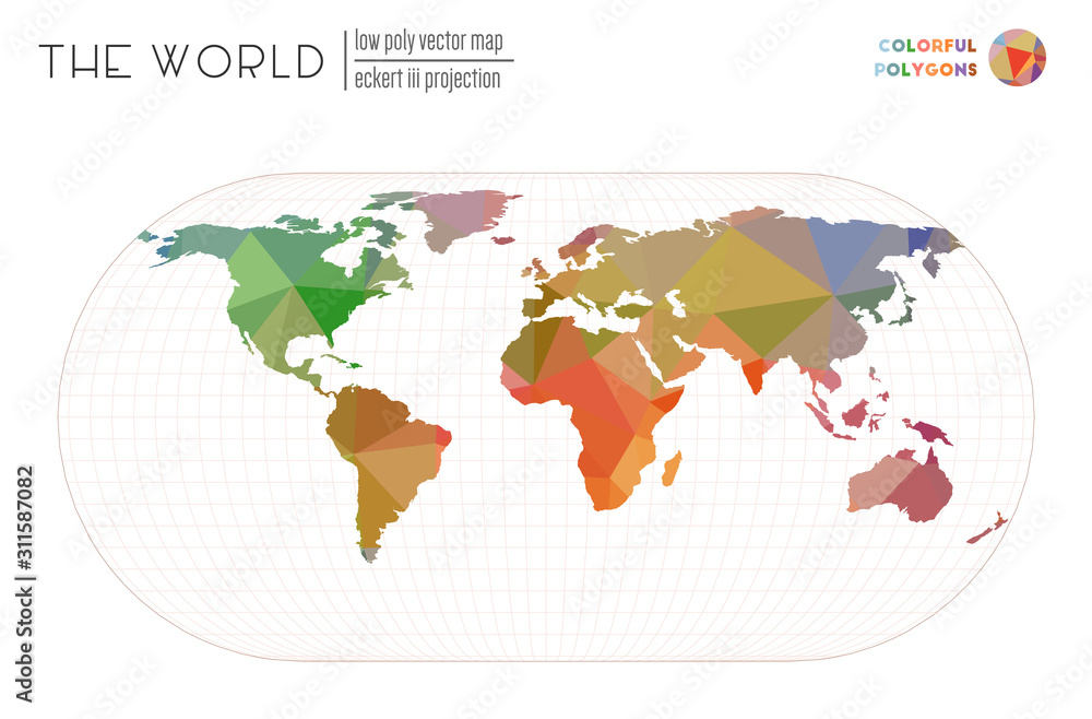 Low poly world map. Eckert III projection of the world. Colorful colored polygons. Elegant vector illustration.