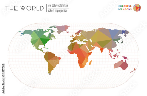 Low poly world map. Eckert III projection of the world. Colorful colored polygons. Elegant vector illustration.