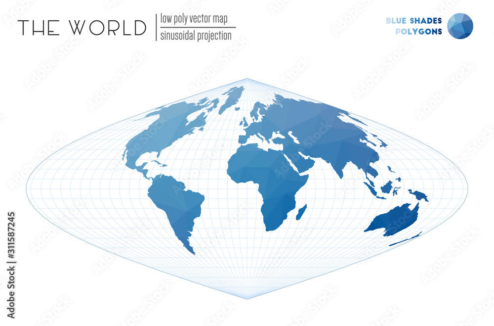 Vector map of the world. Sinusoidal projection of the world. Blue shades colored polygons. Modern vector illustration. Vector map of the world. Sinusoidal projection of the world. Blue shades colored polygons. Modern vector illustration.