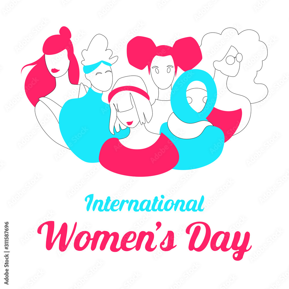 Woman concept with diverse group of different age, race on white background. Millennials flat contour vector illustration for international Women's Day 8 March. Isolated template outline characters. Woman concept with diverse group of different age, race on white background. Millennials flat contour vector illustration for international Women's Day 8 March. Isolated template outline characters.