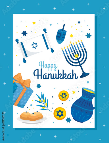 happy hanukkah with candles and set decoration vector illustration design