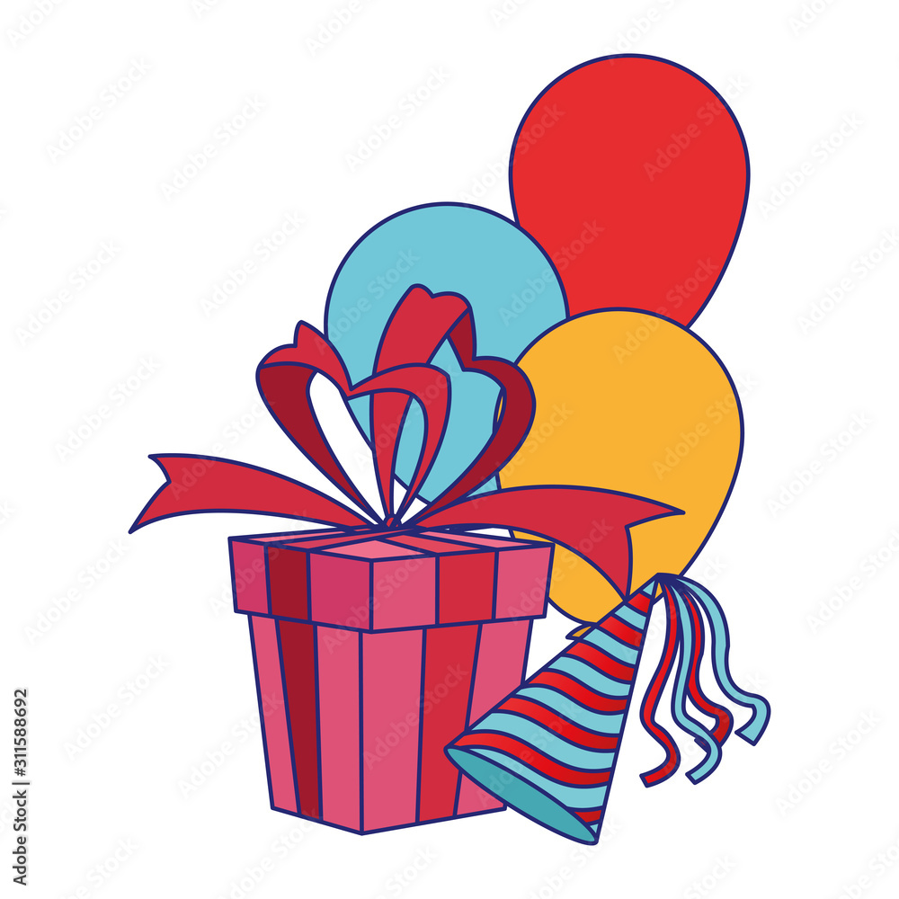 gift box with balloons and party hat