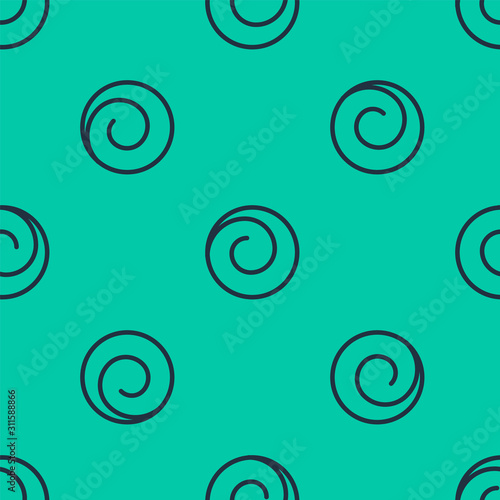 Blue line Roll bun with cinnamon icon isolated seamless pattern on green background. Bakery products. Vector Illustration