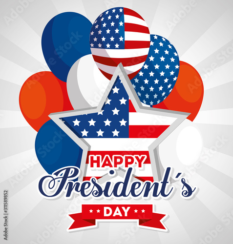 happy presidents day with stars and balloons helium of flag usa vector illustration design