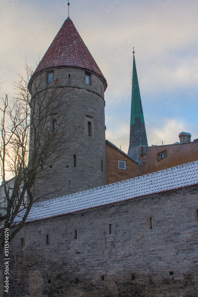 Historic tower defense tower in Old Town  in winter. Estonia