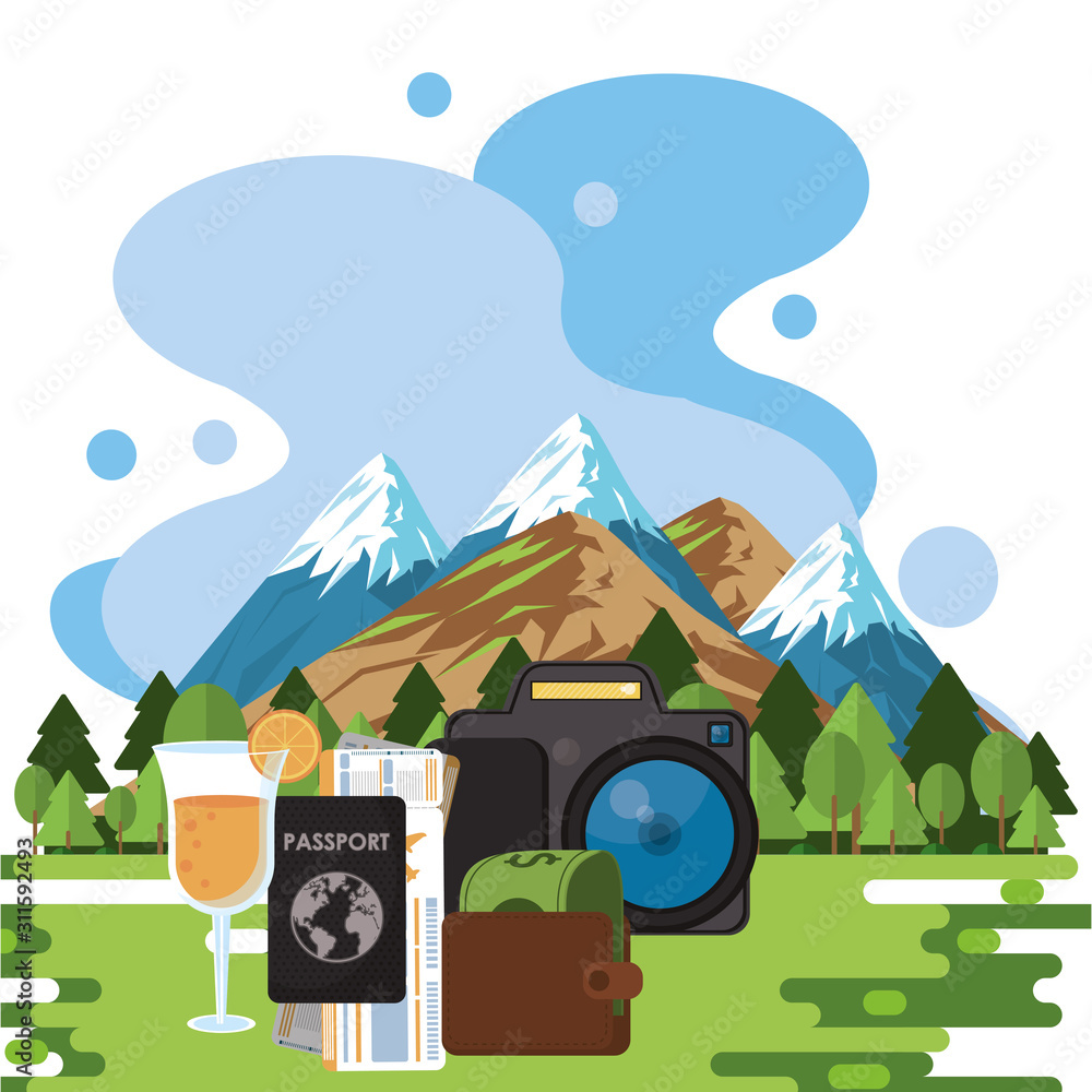 world travel scene with set icons in the landscape
