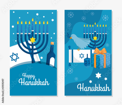 set poster of happy hanukkah with decoration vector illustration design