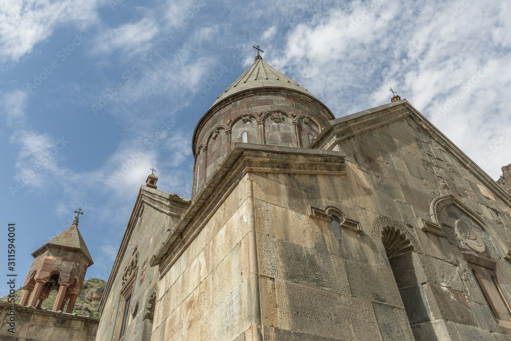 Looking up at the roof of a monastery and the sky in Armenia